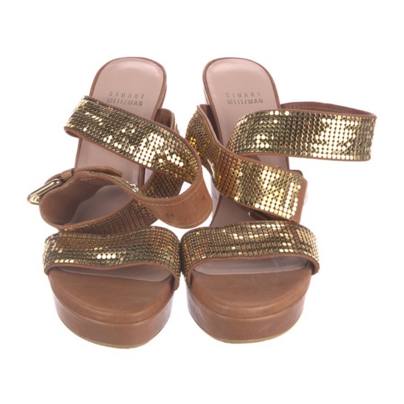 Stuart Weitzman Roman Mail Stua Gold Strappy Wedge Heels - Picture 3 of 5